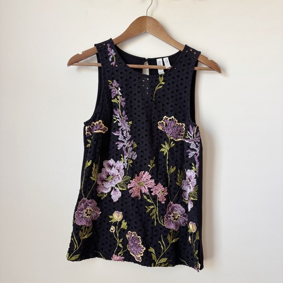 Meadow Rue Harriet Tank Top Small Embroidered Floral Black Anthropologie - Picture 1 of 10